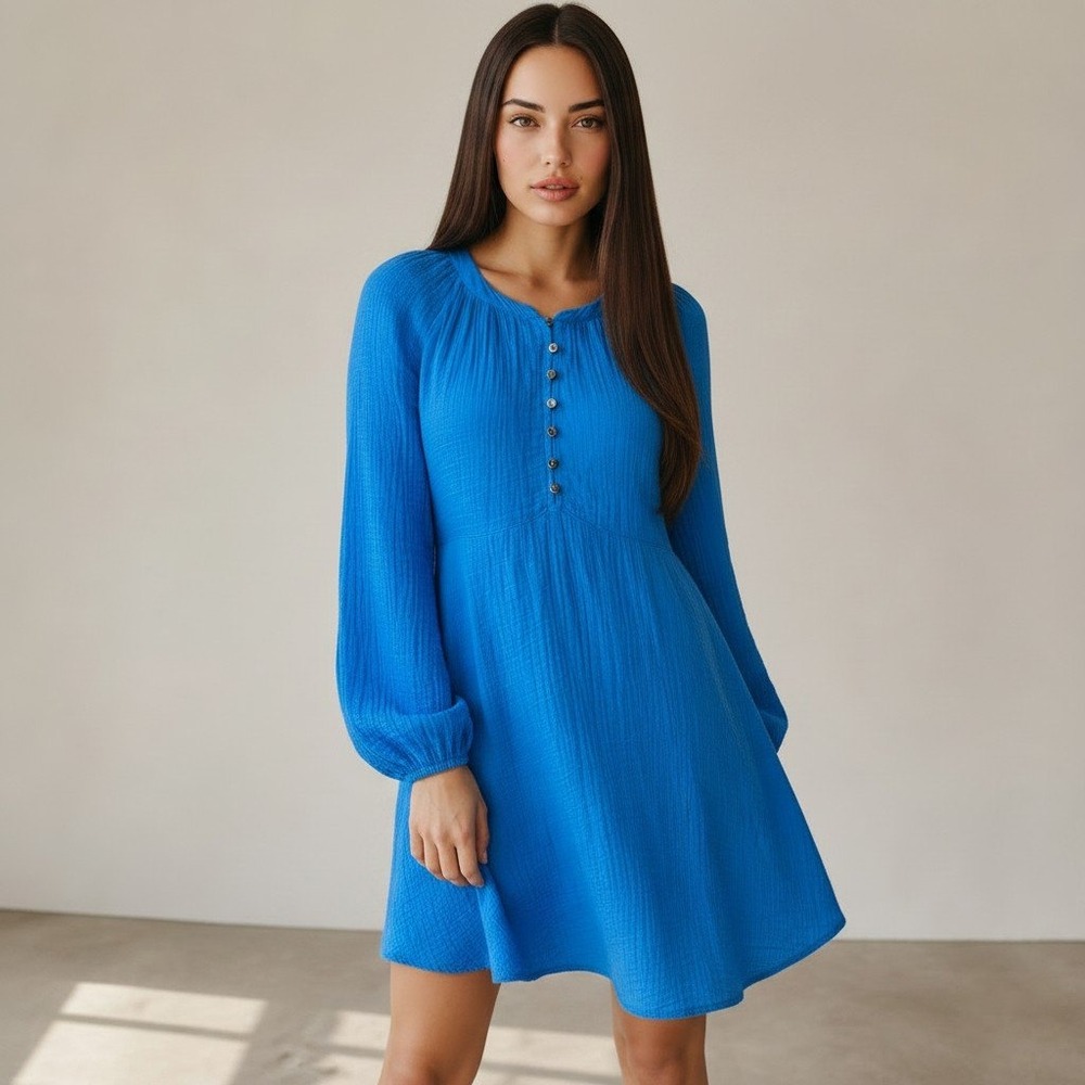 Xirena Blue Cotton Gauze Long Sleeve Mini Dress Beau Boho Size Large Coastal